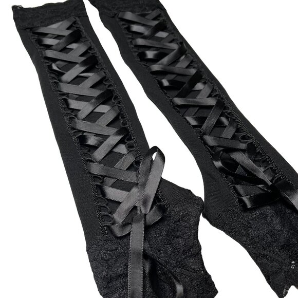 Womens Lace Up Long Corset Gloves Black Elbow Length Fingerless Gloves Gothic OS